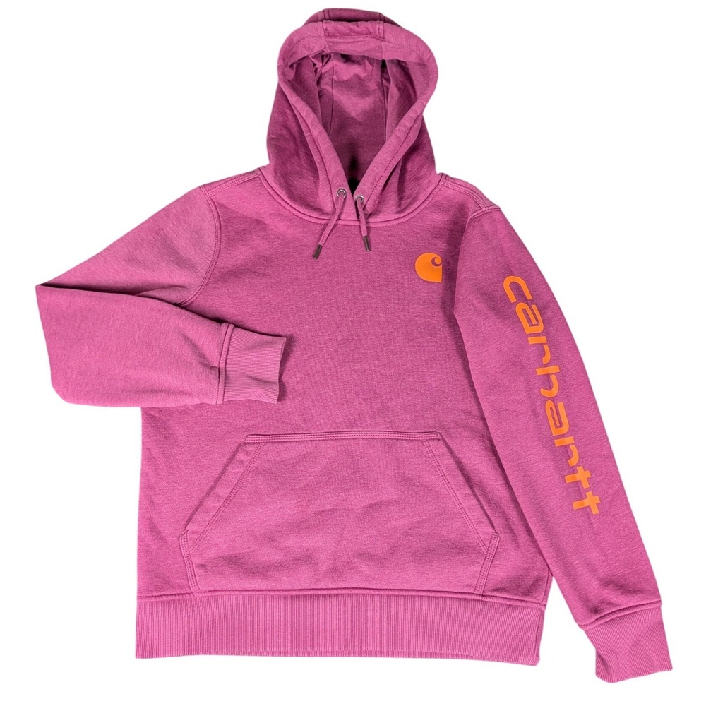 Carhartt Womens Relaxed Fit Pullover Hoodie Berry Pink Orange Logo Graphic S